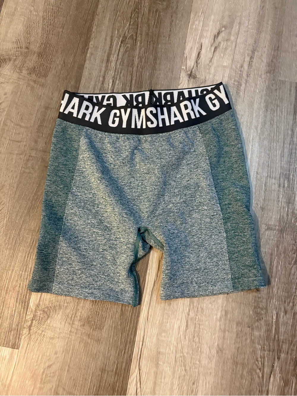 Gymshark Women's Teal Heather Bike Shorts with Black Logo Waistband